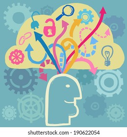 Brain work. Concept of working mind. Human head, gears and arrows. Vector illustration, doodle sketchy style