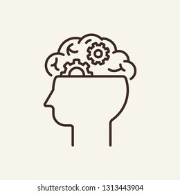 Brain work line icon. Human head with brain and gear on white background. Psychology concept. Vector illustration can be used for topics like sociality, idea, creativity