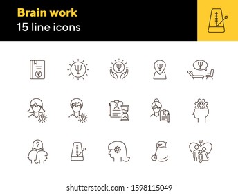 Brain work line icon set. Human head, gear, psychologist office. Psychology concept. Can be used for topics like psychoanalysis, mental activity, science