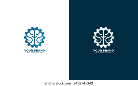 Brain work logo. Brain work icon design, gear, machine, mechanics, technology. Graphic vector illustration