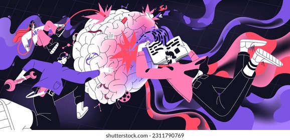 Brain work, mind development and training, memory concept. Intelligence, education, knowledge and learning process, cognitive skills. Data and information consumption. Flat vector illustration