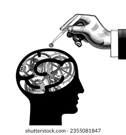 Brain work. The theme of education is putting knowledge into the head. A hand with tweezers inserting a gear wheel into a human head with a brain in the form of a mechanism. Vector illustration