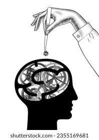 Brain work. The theme of education is putting knowledge into the head. A hand with tweezers inserting a gear wheel into a human head with a brain in the form of a mechanism. Vector illustration