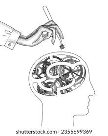 Brain work. The theme of education is putting knowledge into the head. A hand with tweezers inserting a gear wheel into a human head with a brain in the form of a mechanism. Vector Illustration