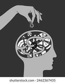 Brain work. The theme of education is putting knowledge into the head. A hand with tweezers inserting a gear wheel into a human head with a brain in the form of a mechanism. Vector Illustration