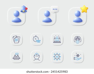 Brain working, Employees talk and Web3 line icons. Placeholder with 3d star, reminder bell, chat. Pack of Freezing, Lungs, Quick tips icon. Documents, Best manager pictogram. Vector