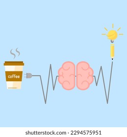 El cerebro funciona. latido cerebral o carga la batería por café o cafeína para el trabajo, imaginen o idea. Café con enchufe que impulsa el cerebro de la energía a la actividad. Equilibrio de vida y concepto de salud.