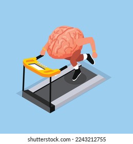 Brain working out on a treadmill isometric 3d vector illustration concept for banner, website, illustration, landing page, flyer, etc.