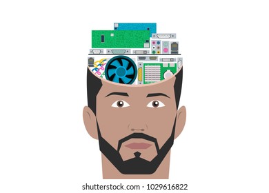 Brain is working as a super computer, CPU concept. Eps vector illustration of male head with different PC parts inside isolated on white background. 