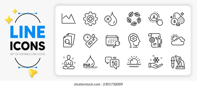 Brain working, Yoga and Freezing line icons set for app include Sunset, Microscope, Inspect outline thin icon. Ab testing, 5g internet, No waterproof pictogram icon. Settings blueprint. Vector