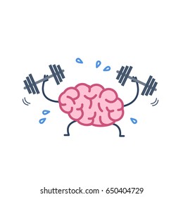 Brain Workout. Vector Concept Illustration Of Hard Working Sweating Brain With Two Dumbbells | Flat Design Linear Infographic Icon Colorful On White Background