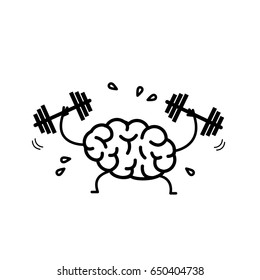 Brain workout. Vector concept illustration of hard working sweating brain with two dumbbells | flat design linear infographic icon black on white background