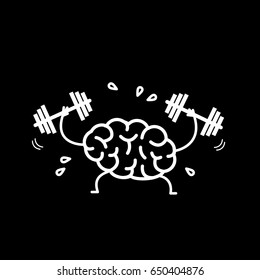 Brain workout. Vector concept illustration of hard working sweating brain with two dumbbells | flat design linear infographic icon white on black background