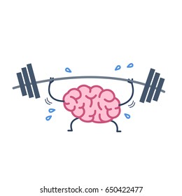 Brain workout. Vector concept illustration of hard working sweating brain with barbell in gym | flat design linear infographic icon colorful on white background