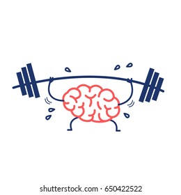 Brain Workout. Vector Concept Illustration Of Hard Working Sweating Brain With Barbell In Gym | Flat Design Linear Infographic Icon Red And Blue On White Background