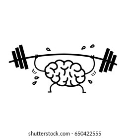 Brain Workout. Vector Concept Illustration Of Hard Working Sweating Brain With Barbell In Gym | Flat Design Linear Infographic Icon Black On White Background