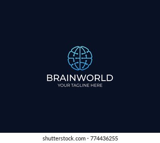 Brain World Logo Template. Circuits Vector Design. Artificial Intelligence Illustration