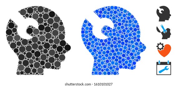Brain wrench tool composition of circle elements in different sizes and shades, based on brain wrench tool icon. Vector round elements are grouped into blue composition.