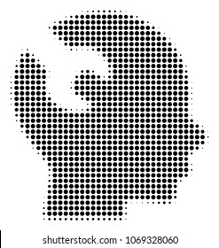 Brain Wrench Tool halftone vector pictogram. Illustration style is dotted iconic Brain Wrench Tool icon symbol on a white background. Halftone matrix is round elements.
