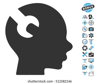 Brain Wrench Tool icon with bonus quadrocopter tools pictograph collection. Vector illustration style is flat iconic blue and gray symbols on white background.