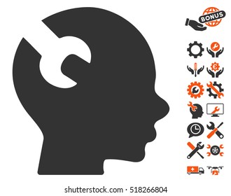 Brain Wrench Tool icon with bonus configuration design elements. Vector illustration style is flat iconic orange and gray symbols on white background.