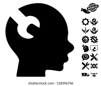 Brain Wrench Tool icon with bonus service graphic icons. Vector illustration style is flat iconic black symbols on white background.
