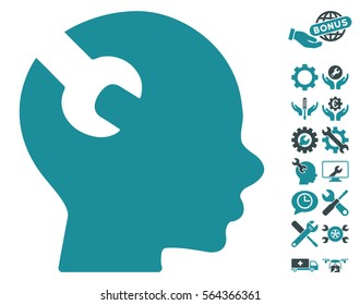 Brain Wrench Tool icon with bonus setup tools graphic icons. Vector illustration style is flat iconic soft blue symbols on white background.