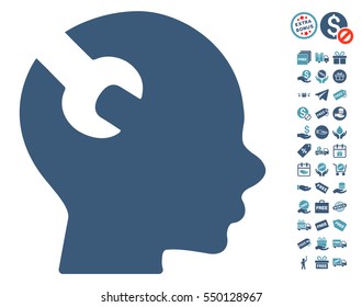 Brain Wrench Tool icon with free bonus graphic icons. Vector illustration style is flat iconic symbols, cyan and blue colors, white background.