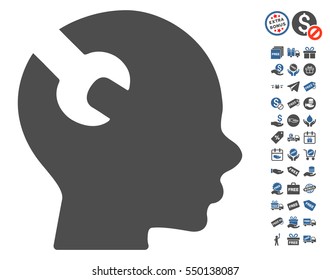 Brain Wrench Tool icon with free bonus pictograph collection. Vector illustration style is flat iconic symbols, cobalt and gray colors, white background.
