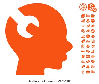 Brain Wrench Tool icon with free bonus pictograms. Vector illustration style is flat iconic symbols, orange color, white background.