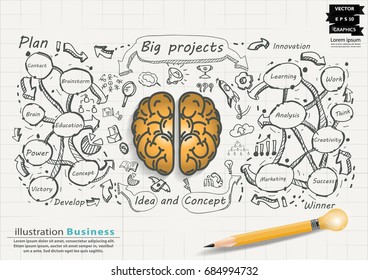 Brain yellow - Icon colorful,plan Text various  -  modern Idea and Concept Vector illustration Business Infographic template with Pencil.
