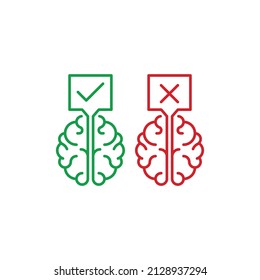 Brain with yes or no, deal or no deal mind. Vector outline icon template