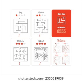 Brain-Boosting Square Maze Set: 4 Printable Puzzles for Kids with Different Difficulty Levels and Solutions - Vector Set 0555