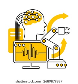 Brain-computer interface concept. Digital illustration highlighting the synergy between artificial intelligence and robotics in modern tech