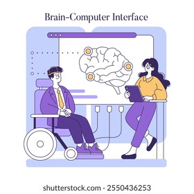 Concepto de interfaz cerebro-computadora. Una ilustración que muestra la IA ayudando a una persona con discapacidad, destacando la tecnología inclusiva. Hombre en silla de ruedas con auriculares neuronales, mujer con tableta. Vector