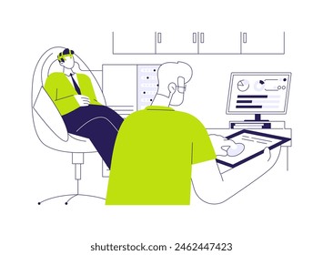 Brain-computer interface development abstract concept vector illustration. Scientist using brain machine interface, non invasive device, physics industry, laser sector abstract metaphor.