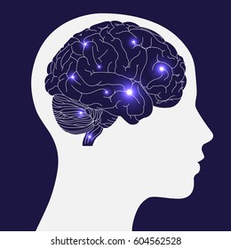 Brain.design of human intelligence with human head and brain on blue background.vector illustration