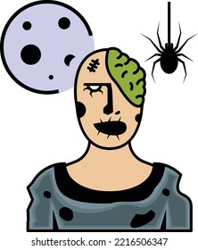 Brain-Eating Fly Vector Icon Design, Halloween costume Symbol, Holiday Celebrations Face Mask Sign, Scary Monster characters Stock illustration, Open Brain Angry Zombie with Spider Concept