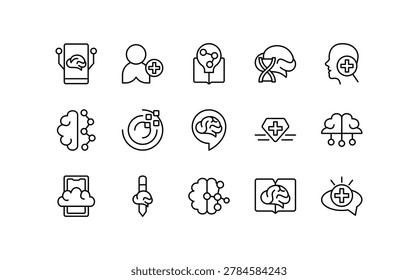Brainiac line icon set. Brain, idea, innovation, head, tech, thinking, mental health, intelligence, smart, cognition, thin icon pack.
