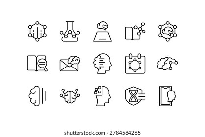 Brainiac line icon set. Brain, idea, innovation, head, tech, thinking, mental health, intelligence, smart, cognition, thin icon pack.