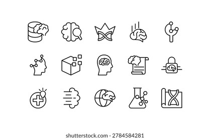 Brainiac line icon set. Brain, idea, innovation, head, tech, thinking, mental health, intelligence, smart, cognition, thin icon pack.