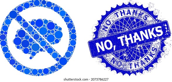 Brainless vector mosaic of round dots in variable sizes and blue color tinges, and textured No, Thanks badge. Blue round sharp rosette badge includes No, Thanks text inside.