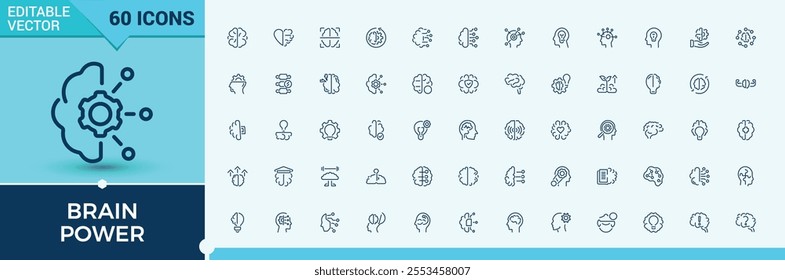 Brainpower line icons set. Featuring mental health, brainpower, mind, knowledge, growth, neurology and more. Simple icon designs. Vector icons editable stroke.