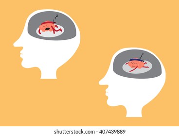 brains cartoon character vector illustration showing different sleeping manners inside human head (conceptual image about how your brain being when you are tired or exhausted or sleeping or relaxing)