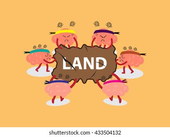 brains cartoon character vector illustration snatching for land board by pulling out with both hands (conceptual image about each person try to be the one who get real estate with stress)