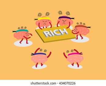 brains cartoon character vector illustration snatching for rich board by pulling out with both hands and others are running to it (conceptual image about each person try to be wealthy with stress)