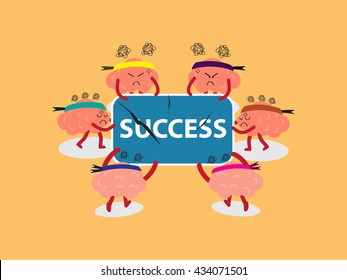 brains cartoon character vector illustration snatching for success board by pulling out with both hands (conceptual image about each person eager to be a winner with stress)