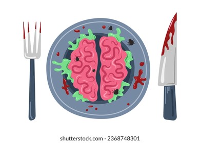 Brains of a cow, sheep or calf in sauce. Dish for Halloween, weird food. Vector illustration