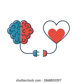 Brains and heart are connected. Heart and brain work together. Blackline design. Connection of mind and feelings. Abstract background. Vector illustration flat design. Isolated on white background.