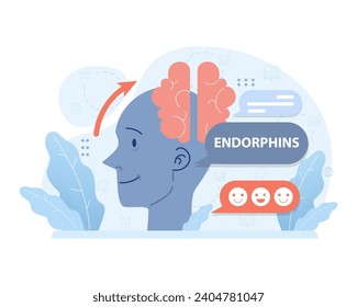 Brains Freudenreise. Diese Illustration hebt die Freisetzung von Endorphinen hervor, die Wohlfühlchemikalien, und veranschaulicht den Zusammenhang zwischen positiven Reizen und einer glücklichen Stimmung. Glück in der Neurowissenschaft